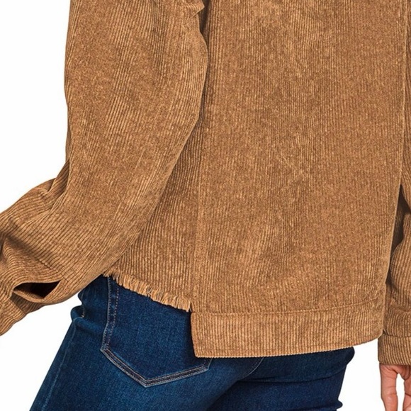 🩵Hello Gorgeous! Distressed Corduroy Frayed Hem Cropped Jacket - Dark Camel - Picture 5 of 7